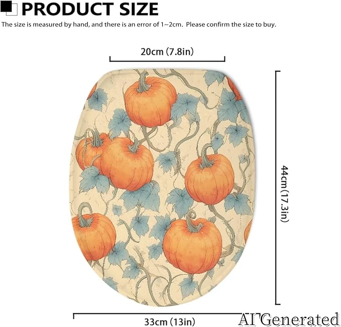 Pumpkin Vines Plush Toilet Seat Cover, Washable Elongated Oval Lid Protector, Beach Style Bathroom Decor Accessory