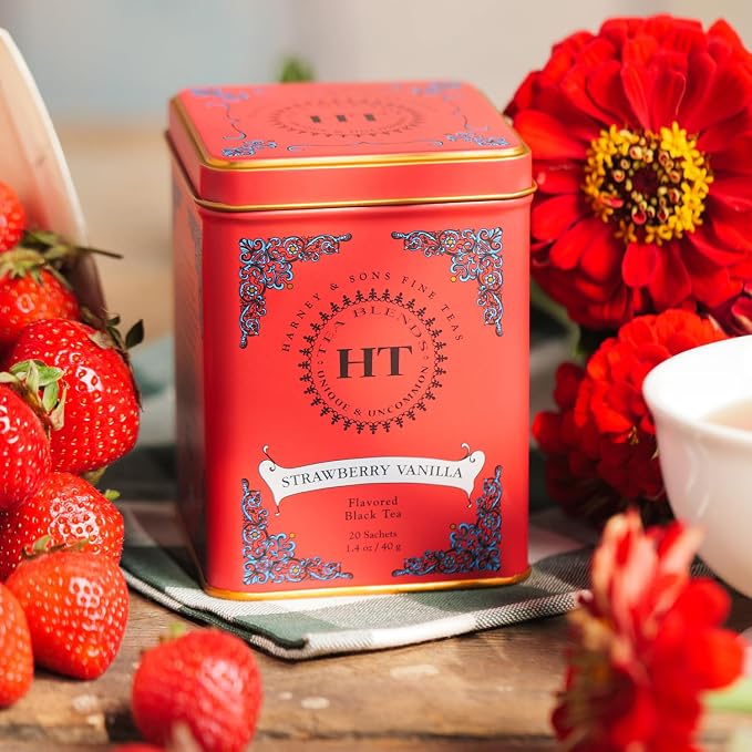 Harney & Sons Strawberry Tea Bags – Strawberry Vanilla Black Tea, Premium Pyramid Sachets, Hot or Iced Fruity Tea, 20 Count