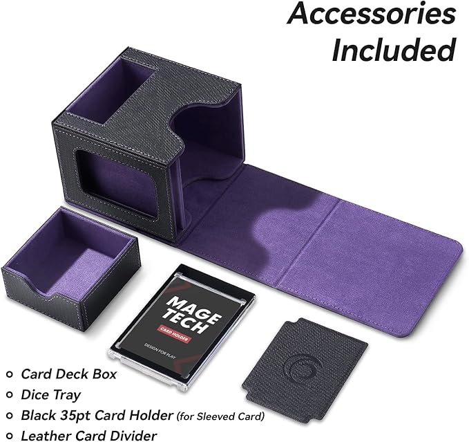 Mage Tech Card Deck Box for MTG Commander - Patented Design, Commander Display, Fits 100 Double-Sleeved Cards, 35pt Card Brick & Dice Tray - Black/Purple