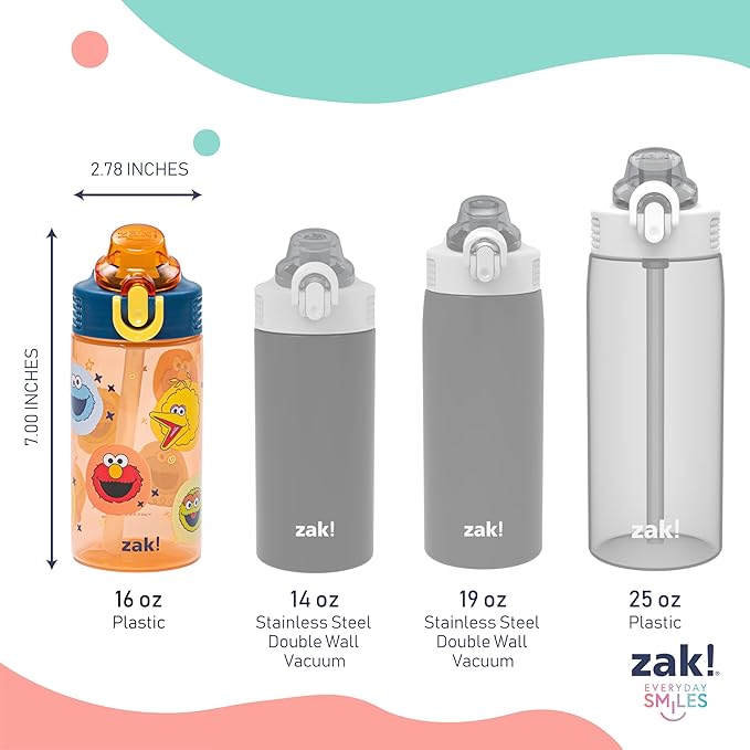Zak Designs Sesame Street Sage Kids Water Bottle For School or Travel, 16oz Durable Plastic Water Bottle With Straw, Handle, and Leak-Proof, Pop-Up Spout Cover, 2-Pack Set (Elmo & Friends)
