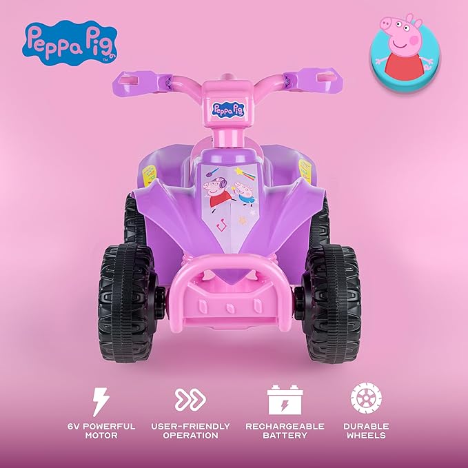 Peppa Pig - 6V Quad for Kids - Powerful and Safe Ride-On Toy with Rechargeable Battery - Forward and Reverse Driving - Max Weight Capacity of 55 LBS - Ages 2-3 Years