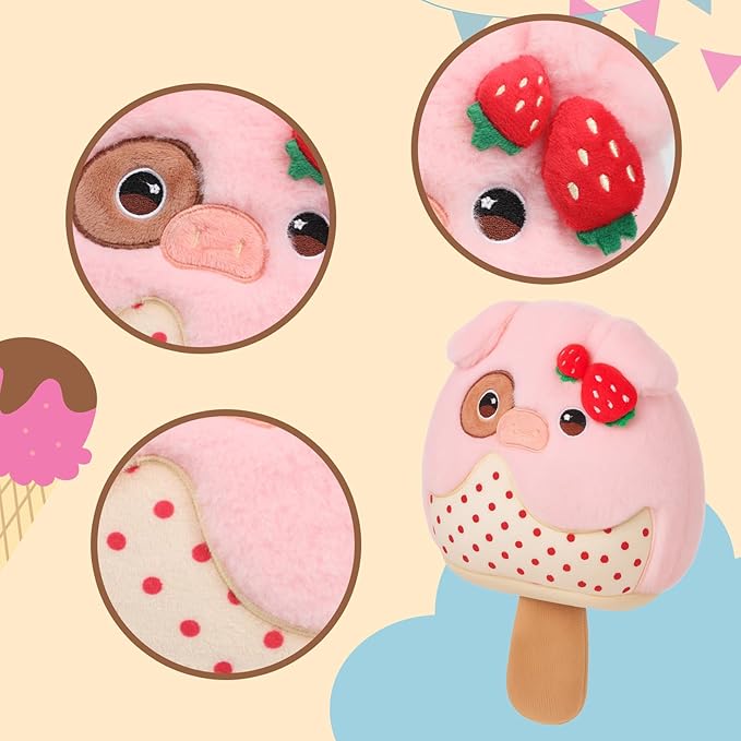 Strawberry Ice Cream Plush Pillow with Adorable Pig Topping Soft Cuddly Stuffed Animal Toy for Kids Birthday Gift for Boys and Girls