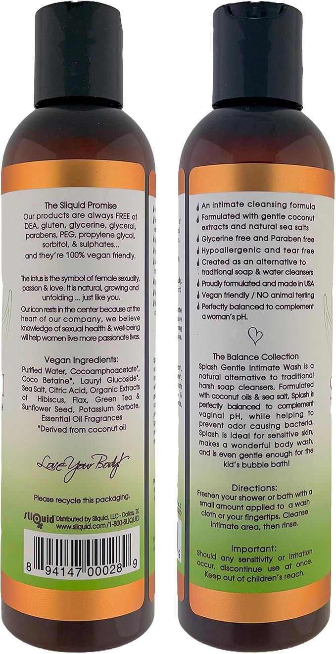 Sliquid Splash Feminine Wash for Women, Honeydew Cucumber, 8.5 Oz | Gentle Intimate Wash for Sensitive Areas with Coconut Oil & Sea Salt, Paraben- and Glycerin-Free, 100% Vegan-Friendly