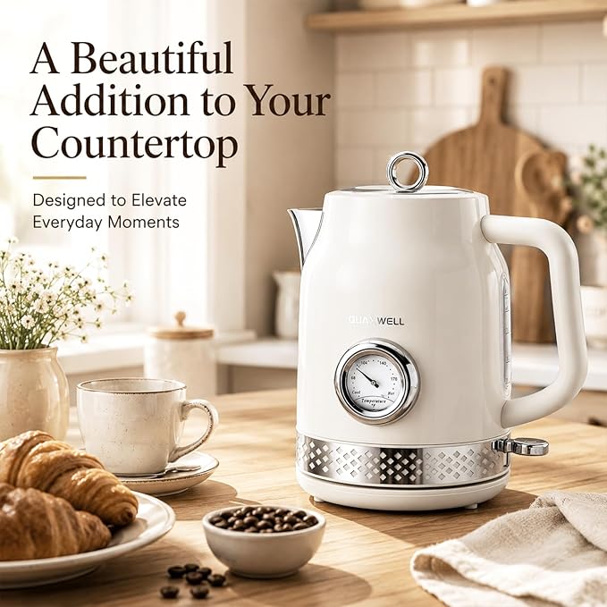 Retro Electric Kettle, 1.7L 304 Stainless Steel Tea Kettle with Temperature Gauge, 1500W Fast Boiling Water Boiler,Auto Shut-Off & Boil-Dry Protection, BPA-Free (Off-white)