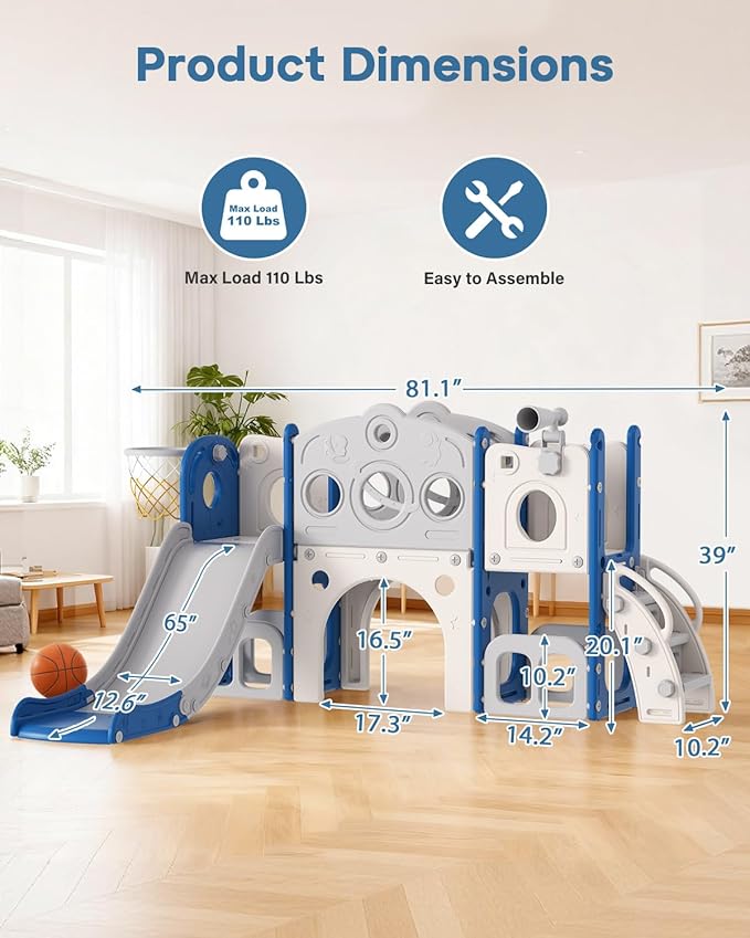 Babytronic Toddler Slide Set, 8 in 1 Kids Slide, Indoor Outdoor Slide for Toddlers Age 1-3, Toddler Playset with Basketball Hoop and Tunnel, Toddler Indoor Outdoor Playground, Blue&Grey