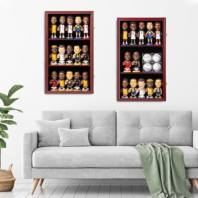 Bobblehead Display Case Action Figure Display Case Bobble Head Shadow Box Wall Cabinet for 15 Figurines Display with Lockable Anti Fade Uv Protection for Bobble Head, Action Toy Figures,Mahogany