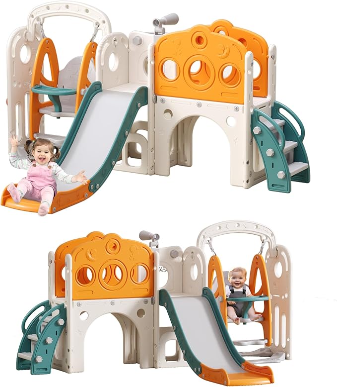 GITAWUSA 9 in 1 Toddler Slide and Swing Set, Slide for Toddlers 1-3, Kids Indoor Outdoor Playset Playground with Basketball Hoop, Telescope