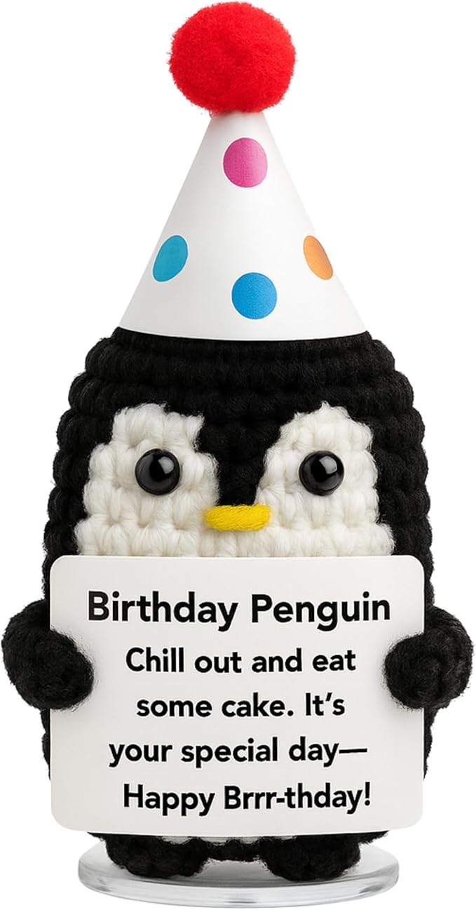 Birthday Penguin with Stand. Emotional Support Crochet Gift. Happy Birthday Gifts for Women, for Her. Present for Mom. Funny Gag Gift for Friends.