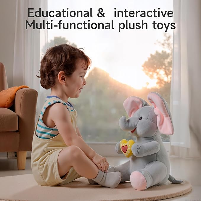 Peek a Boo Elephant Toy, Interactive Singing Plush Elephant Toy with Flapping Ears and Hearts, Musical Stuffed Animal for Babies and Toddlers