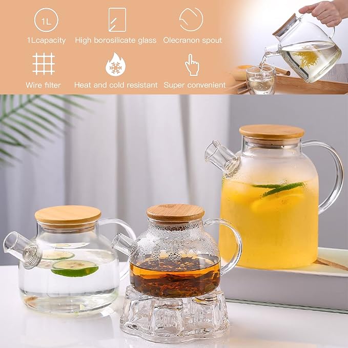 JOUALY Glass Teapot 34oz/1000ml, Stovetop & Microwave Safe Borosilicate Tea Pot,Clear Teapot with Strainer, Glass Tea Kettle with Wooden Lid for Loose Leaf、Fruit Tea and Fragrant Tea