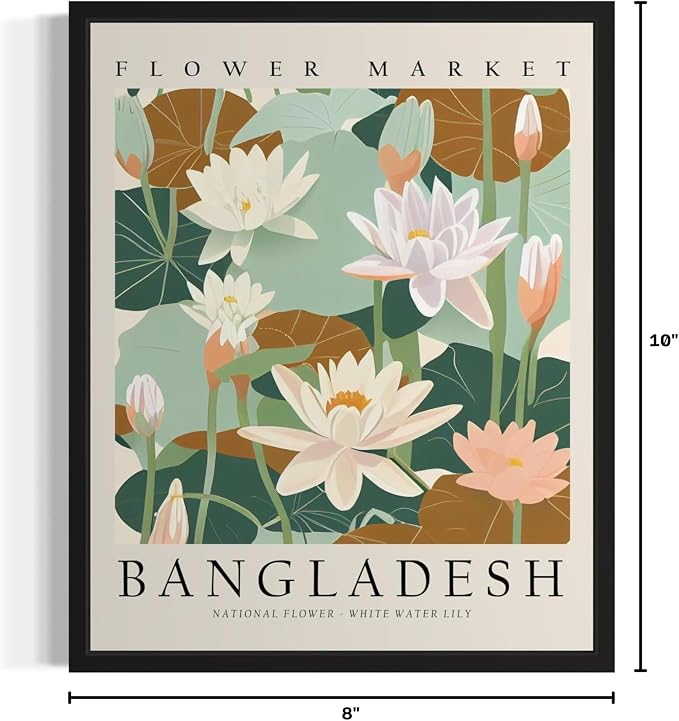 Bangladesh, White Water Lily Black Framed Art Print Poster, Flower Market Wall Art, Floral Artwork Decor for Bedroom, Kitchen, Bathroom, Livingroom Decoration 52 (Bangladesh, White Water Lily, 10"L x 8"W, Black Frame)