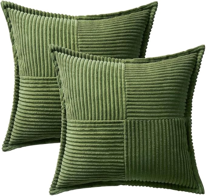 MIULEE Decorative Throw Pillow Covers for Couch 16x16 Inch Moss Green | 2 Pack, Boho Broadside Striped Patchwork Pillow Covers, Soft Corduroy Cushion Cases, For Sofa Bed Livingroom Home Decor