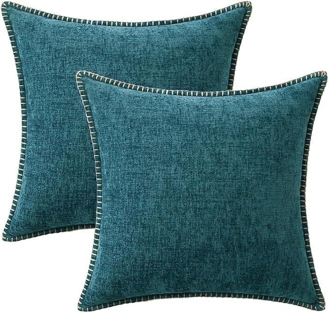 MIULEE Decorative Couch Throw Pillow Covers 18x18 Inch Dark Teal 2 Pack | Farmhouse Pillow Covers with Stitched Edge, Soft Chenille Cushion Cases, for Sofa Bed Living Room Home Decor