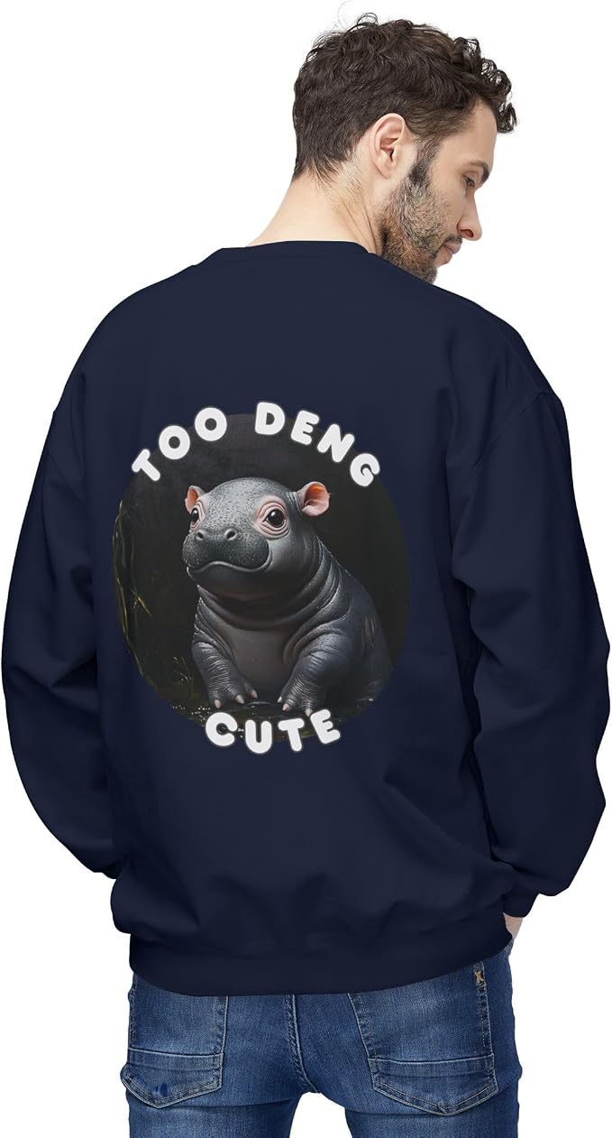 Unisex Fleece Crewneck Sweatshirt - Too Deng Cute Moo Deng Hippo, Cozy Cotton Blend, Classic Relaxed Fit