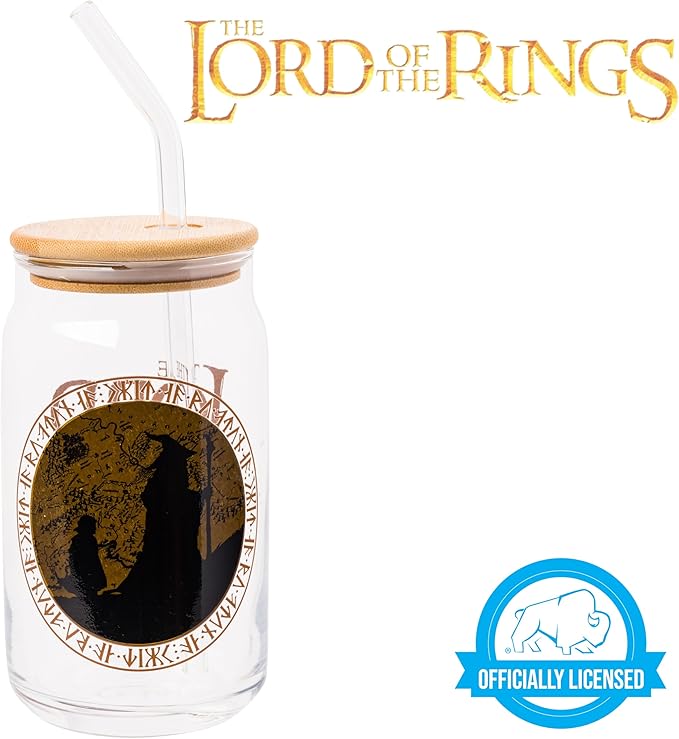 Silver Buffalo Lord of the Rings Hobbiton Glass Jar Tumbler with Bamboo Lid and Glass Straw, 16 Ounces