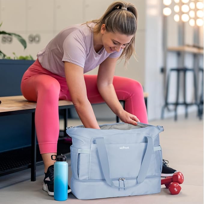 Gym Bag for Women, 45L Carry On Travel Duffel Bag with Shoes Compartment, Weekender Overnight Bag with Wet Pocket for Women, Travel, Gym, Weekend, Large Size
