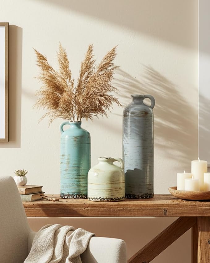 Modern Pottery Vase Set of 3 with Handles, Neutral Jugs for Home Decor | Morandi colors and glazed rustic finish for flowers, table centerpieces, shelves and living rooms