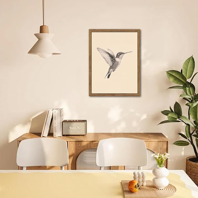 Vintage Framed Wall Art, Birds Canvas Prints, Hummingbird Sketch Painting Picture, Neutral Farmhouse Artwork Wall Decor for Living Room Bedroom – Dark Wooden Frame 8x10in