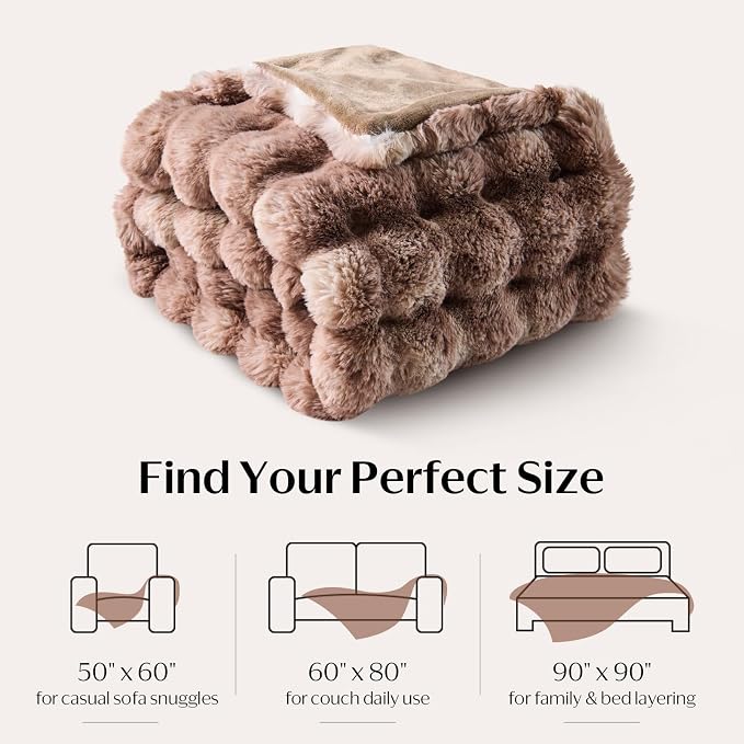 DOWNCOOL Faux Rabbit Fur Throw Blanket, Soft Fluffy Fuzzy Plush Bubble Blanket for Couch Sofa & Bed, Cozy Warm Luxury Fleece Minky Blanket, 60x80 Inches Tie-dye Brown
