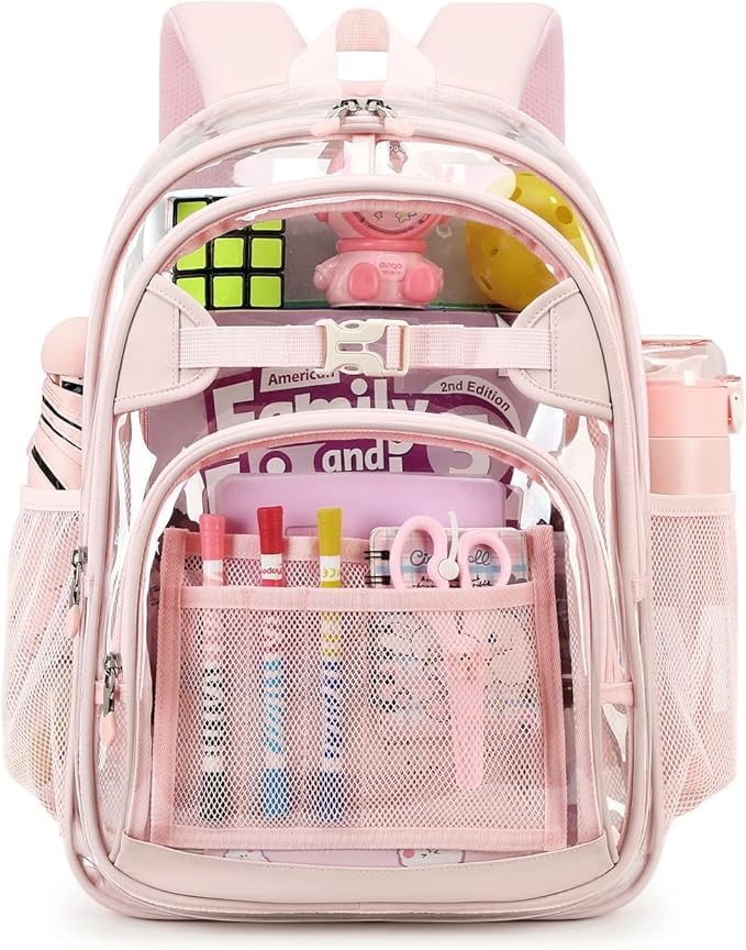 Cusangel Clear Backpack for Girls kids,Pink tpu Heavy Duty 16in Transparent Bookbag for School,Student children Bag Stadium Approved See Through Backpack,Stitch Bag durability