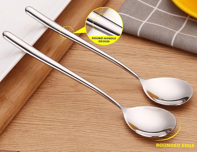 Korean Spoon,Stainless Steel Table Spoons,8.15 inch Long Handle Dinner Rice Soup Spoon Set for Home Kitchen Restaurant - 6 PCS