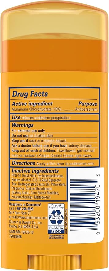 Arm & Hammer Ultra Max Antiperspirant Deodorant, Powder Fresh, Solid, 2.6 Ounce (Pack of 6)