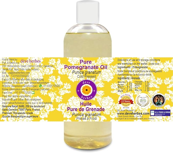 Deve Herbes Pure Pomegranate Oil (Punica granatum) Cold Pressed 200ml (6.76 oz)