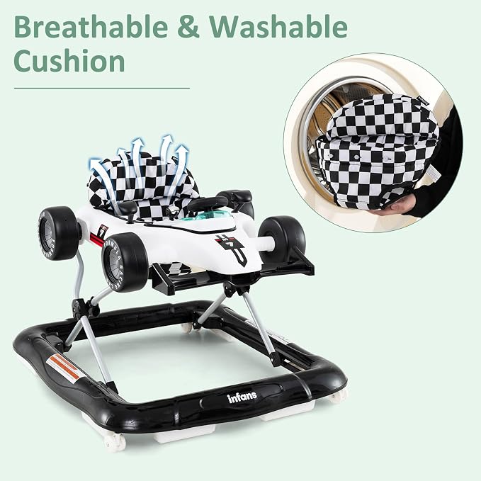 INFANS 4 in 1 Baby Walker, Foldable Toddler Activity Center with Adjustable Height, Padded Seat, Music, Light, Removable Tray, Push Walker for Girls Boys Aged 6-18 Months (Ivory)