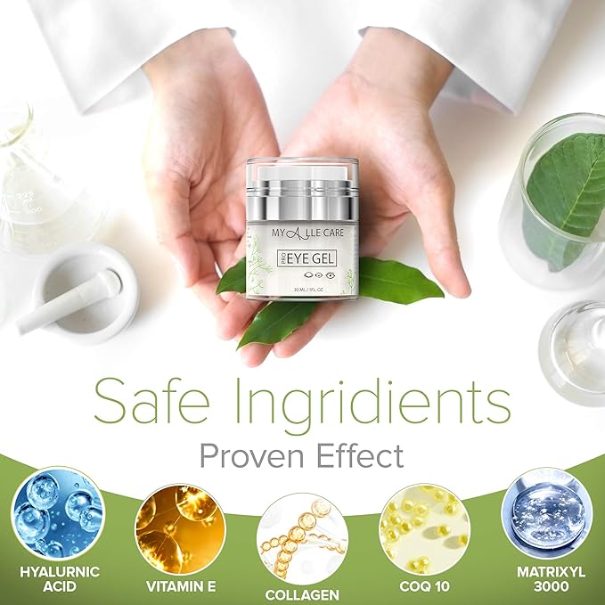 Eye Gel with Hyaluronic Acid, Reduce Dark Circles, Puffiness and Eye Bags. Anti Wrinkle Under Eye Treatment, Hydrating Gel with Collagen, Aloe and Vitamin E, Anti Aging Cream for Men & Women