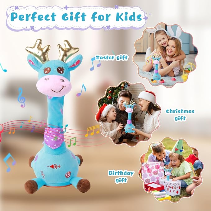 MIAODAM Dancing Talking Giraffe Stuffed Animal, Singing 10 Children's Song, Baby Toy Repeats What You Say, Christmas Colorful Glowing Giraffe Plush Interactive Toys for Toddlers 1-3 Year(Blue