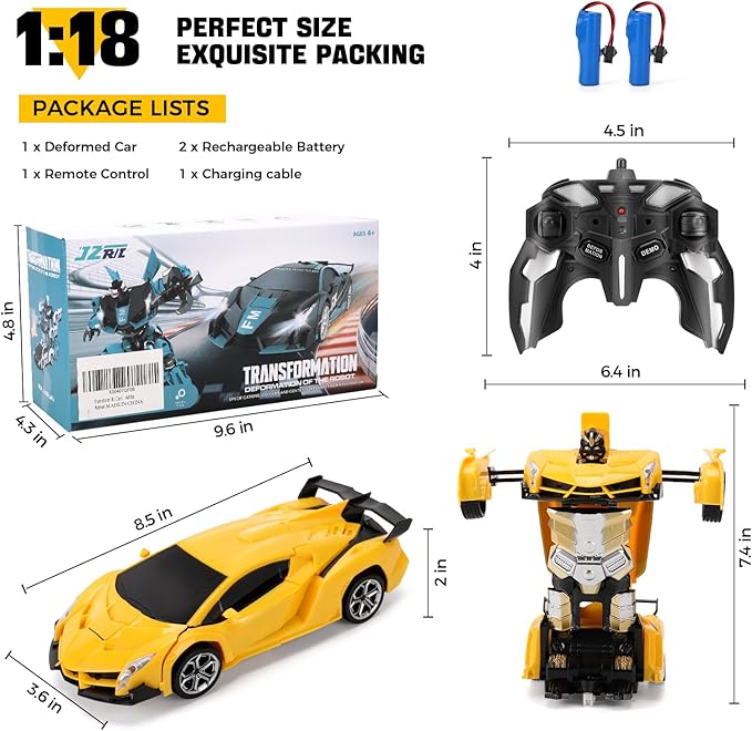 Blackma Remote Control Car - Transform, One-Button Deformation & 360°Rotating Drifting, Transform Robot RC Car with LED Light, Toy Gifts for 4 5 6 7 8 9 10 11 12 Years Old Boy (Yellow)