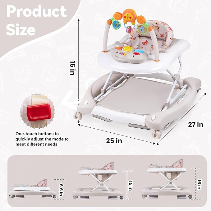 Baby Walker, 5 in 1 Baby Walkers for Boys Girls 6-12 Months, Foldable Walkers for Babies with Bouncer & Feeding Tray, Music, Adjustable Heights, Activity Walker for Infant