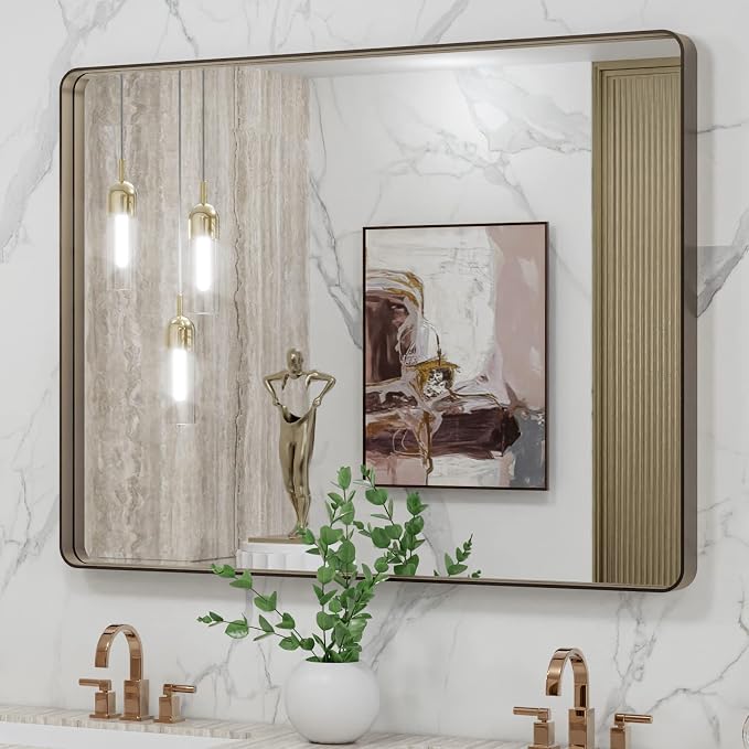 LOAAO 40”X30” Bronze Bathroom Mirrors for Vanity, Rounded Rectangle Brushed Bronze Metal Frame Mirror, Anti-Rust, Tempered Glass, Hangs Horizontally or Vertically | Rounded Rectangle, Brushed Bronze Metal Frame, Anti-Rust, Tempered Glass, Hangs Horizon...