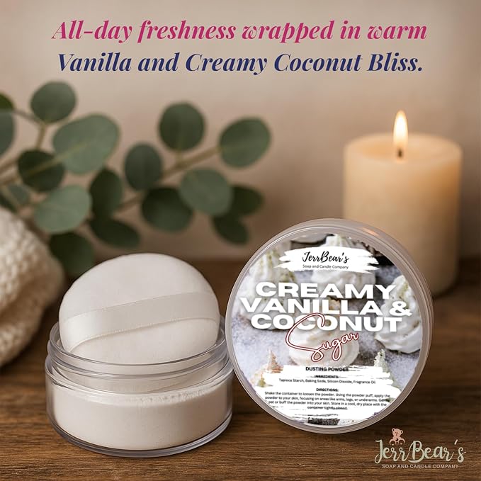 Creamy Vanilla & Coconut Body Dusting Powder for Women, 4oz Jar | Talc Free Body Formula, Soft Scented Skin Care, Gentle Powder for Daily Freshness, Includes Puff Application