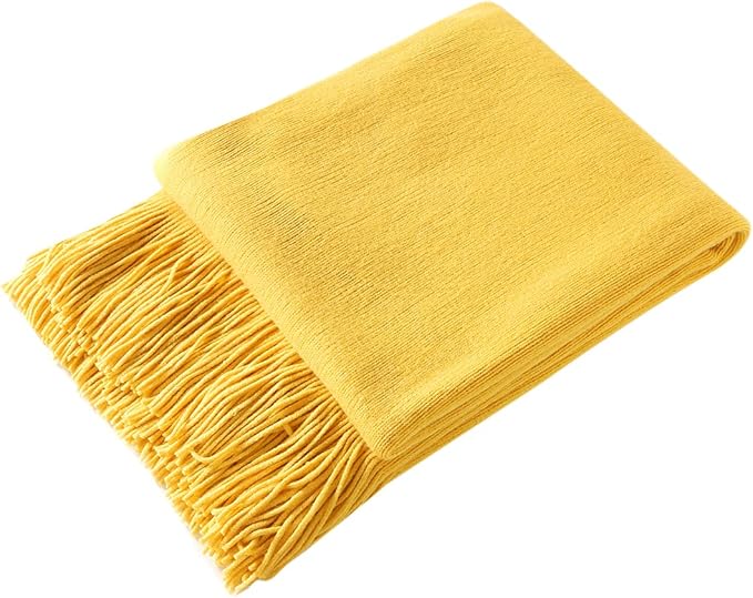 Homiest Yellow Knitted Throw Blanket with Fringe, 50x60 Inch | Pure Acrylic, Lightweight & Breathable, All-Season Use, Machine Washable, Wrinkle & Fade Resistant, for Couch Sofa And Bed
