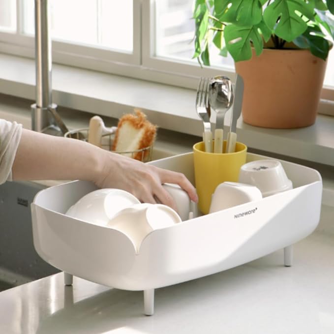Small Dish Drying Rack for Kitchen Counter, Compact Dish Drainer with Drainage Spout & Spoon Holder, Space-Saving Drying Rack for Small Kitchens, Apartments & RVs, Made in Korea (Coral)