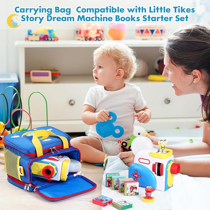 Carrying Case Compatible with Little Tikes Story Dream Machine Books Starter Set and Accessories,Portable Storage Bag for Story Books and Character with Handle and Shoulder Strap (Blue)