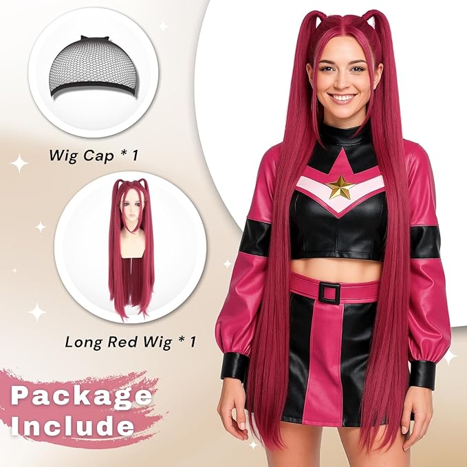 morvally 39 Inches Long Red Wig with 2 Ponytails for Women - Anime Cosplay Wigs for Womens Halloween Costume Party (Red, Adults)