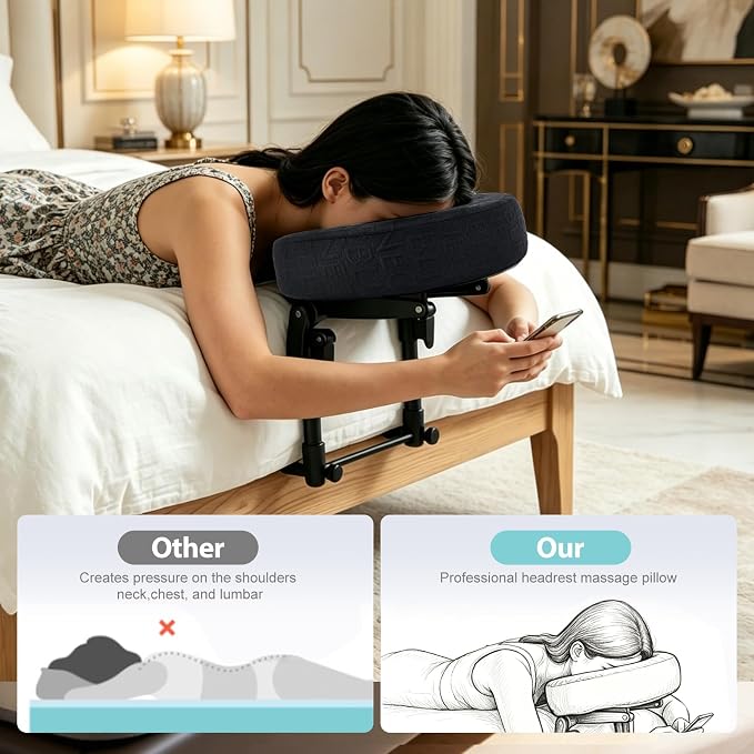 Massage Headrest for Bed with Adjustable Height, Memory Foam Face Cradle, Washable Pillowcase for Home Mat(Black)