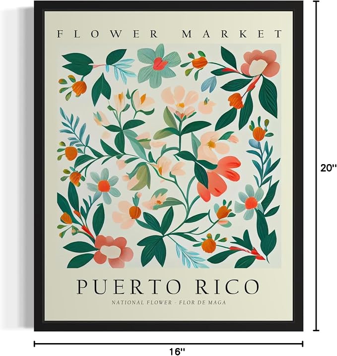 Puerto Rico Flower Market Art Print Poster, Wall Art Floral Painting Botanical Decor for Bedroom, Kitchen, Bathroom Livingroom Decoration 82B (Puerto Rico, 20"L x 16"W, Black Frame)