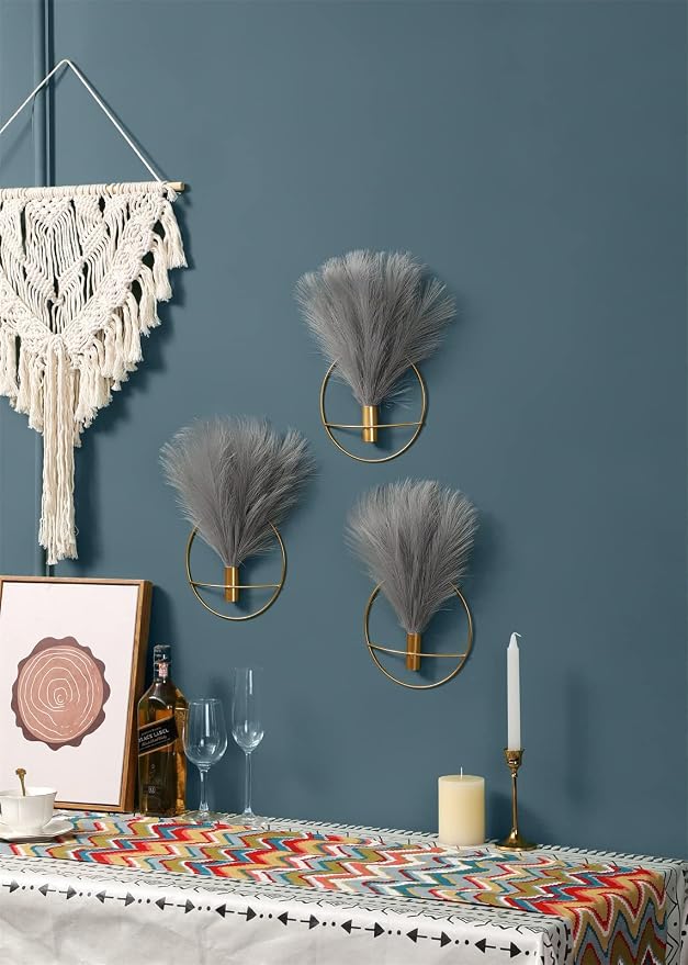 Pretty Jolly Boho Pampas Wall Decor Black Metal Wall-Mounted Art | Morden Artificial Greenery Display,2 Pack Gray Hanging Planter For Living Room, Bedroom, Bathroom, Dining room
