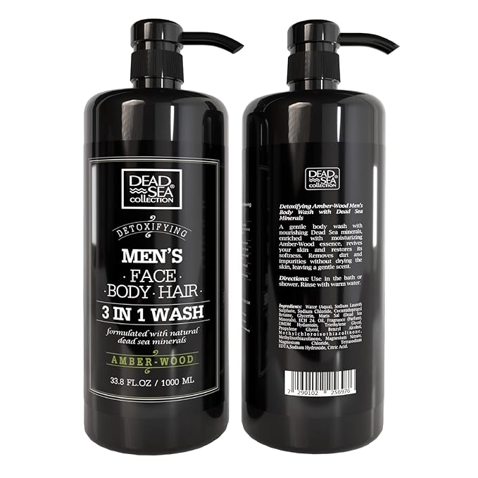 Dead Sea Collection Amber Wood Men’s Body Wash – 3 in 1 Body Wash for Men for Hair, Face & Body – Moisturizing Shower Gel with Dead Sea Minerals – Pack of 2 (33.8 fl oz each)