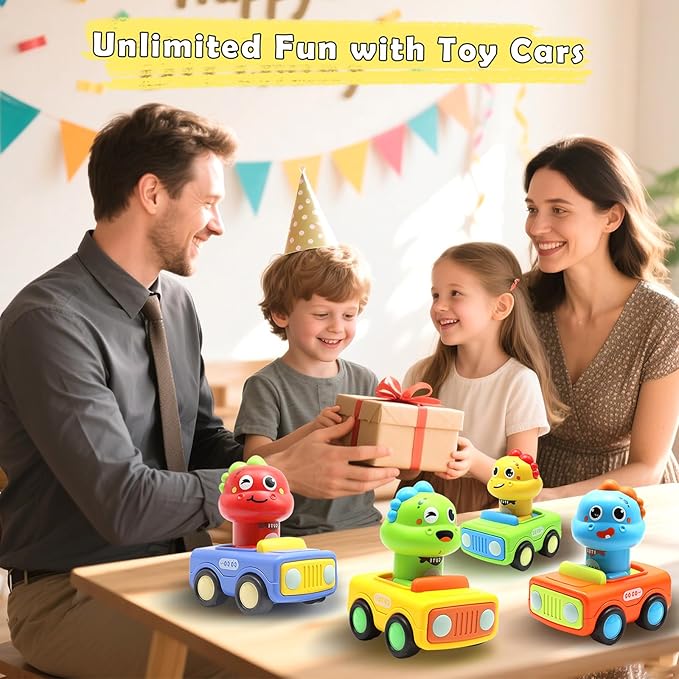 Pbooo Press to Go Toddler Toy Cars, Dinoaur Car Toys for Toddlers 1-3, Kids' Play Vehicles and Race Cars, Push Go Cars for 6-12-18 Month, Ideal Christmas and Birthday Gift for 1-2 Year Old Kids