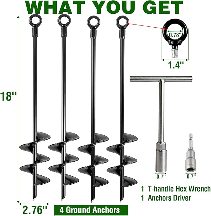 Fabulas Ground Anchors Heavy Duty, Swing Set Anchor Kit 18 Inch 4 Pack Screw in Earth Anchors Trampoline Stakes High Wind Metal Auger Anchor for Shed Tent Carports Securing Animals Camping Mobile Home