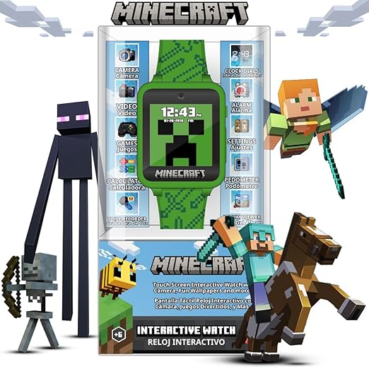 Minecraft Kids Smart Watch – Touchscreen Interactive Watch with 10 Customizable Clock Faces, Built-in Camera, Video Recorder, Alarm, Calculator, Games & Pedometer – Fits Wrists 5.5" to 8"