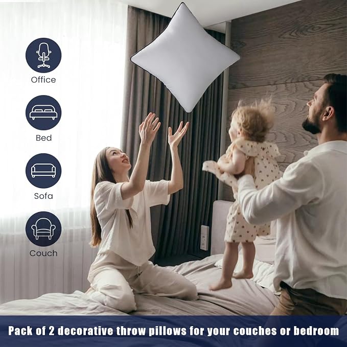 Throw Pillow Inserts Set of 2-Fluffy Square Cushions with 100% Cotton Covers-Decorative White Pillow Fillers for Sofa, Bed, Couch, Living Room, Indoor Hotel Pillows (12x20 Inch (Pack of 2)-Blue Edge)