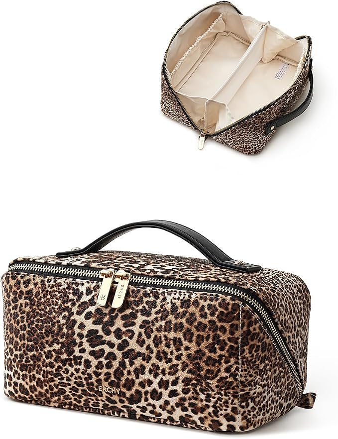 EACHY Travel Makeup Bag, Large Capacity Cosmetic Bag for Women, Waterproof PU Leather, Flat Open Portable Toiletry Bag for Skincare, Brushes & Travel Essentials