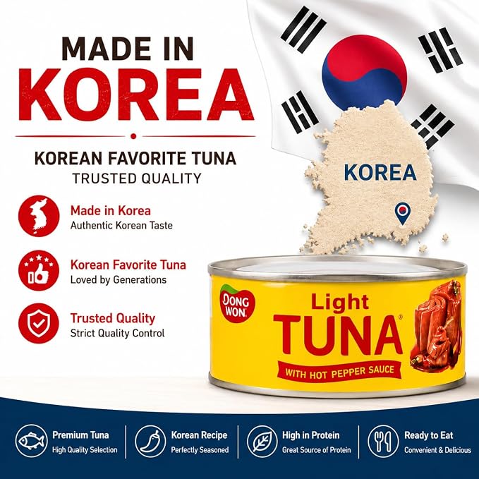 Dongwon Light Tuna with Hot Pepper Sauce, Korean Spicy Canned Tuna, Ready to Eat Tuna in Sauce, 5.29 oz Each, Pack of 4