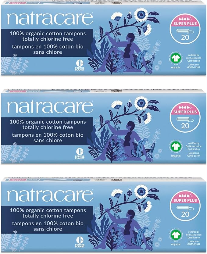 Natracare Non-Applicator 100% Organic Cotton Tampons, Super Plus, Totally Chlorine Free, Biodegradable and Compostable (3 Pack, 60 Tampons Total)