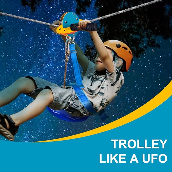 Zip Line Kit for Kids and Adults Outdoor, UFO Trolley 75/100/120/150ft Zipline for Backyard, Up to 350 Lbs, Included Swing Seat, Ziplines Spring Brake and Safety Harness